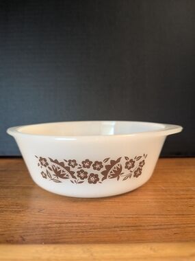 Vintage White 1 Qt. Glasbake Casserole Dish with Brown Floral Design